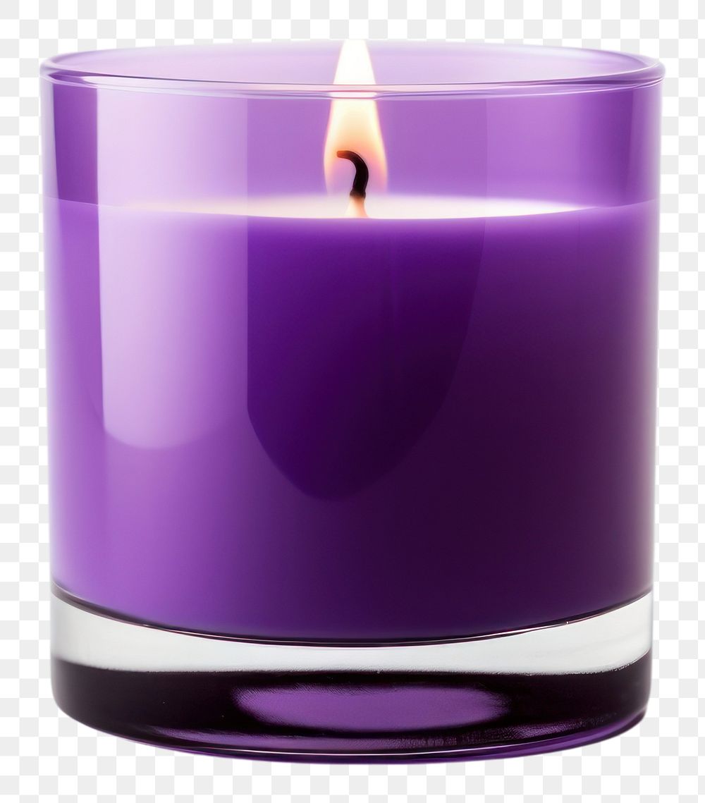 PNG Mockup of a candle with white label purple glass white background.