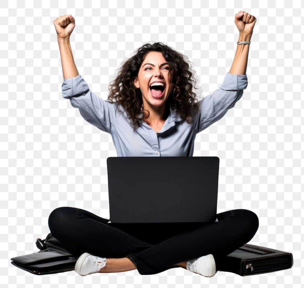 PNG Hands raised laptop shouting computer.