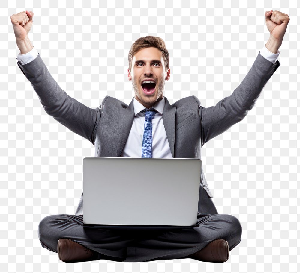 PNG Hands raised laptop shouting computer.