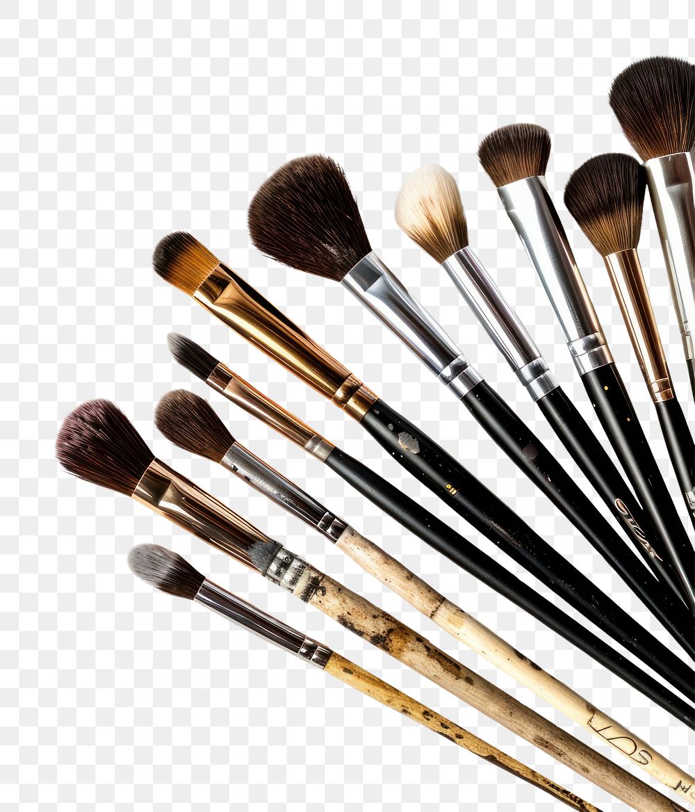 PNG Makeup brushes cosmetics white background arrangement.