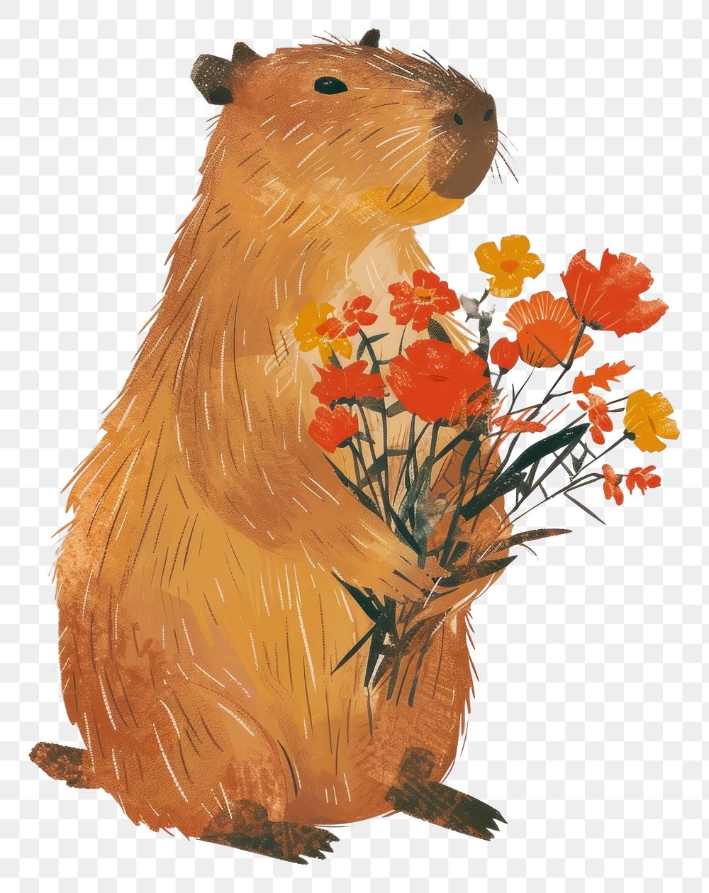 PNG A capybara holding a bunch of flowers sitting colorful clothes rodent animal mammal.