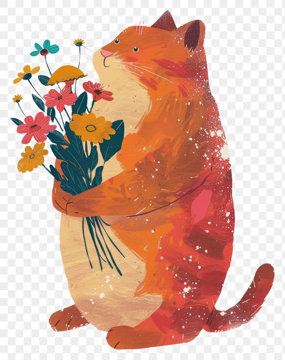 PNG A cat holding a bunch of flowers sitting colorful clothes painting mammal animal.