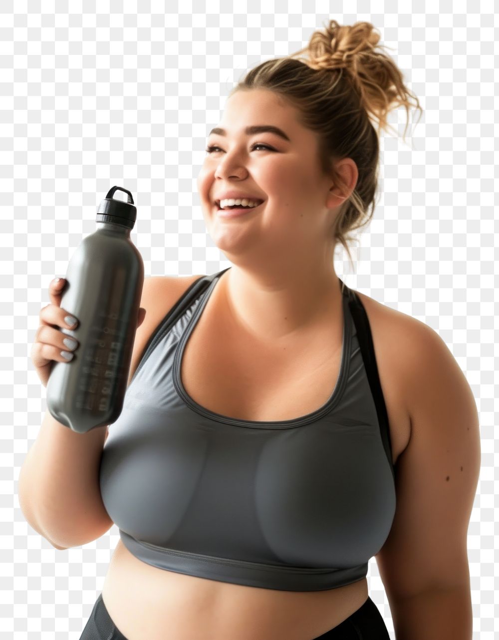 PNG A chubby woman holding water bottle and smiling and looking up while exercising portrait adult photo.