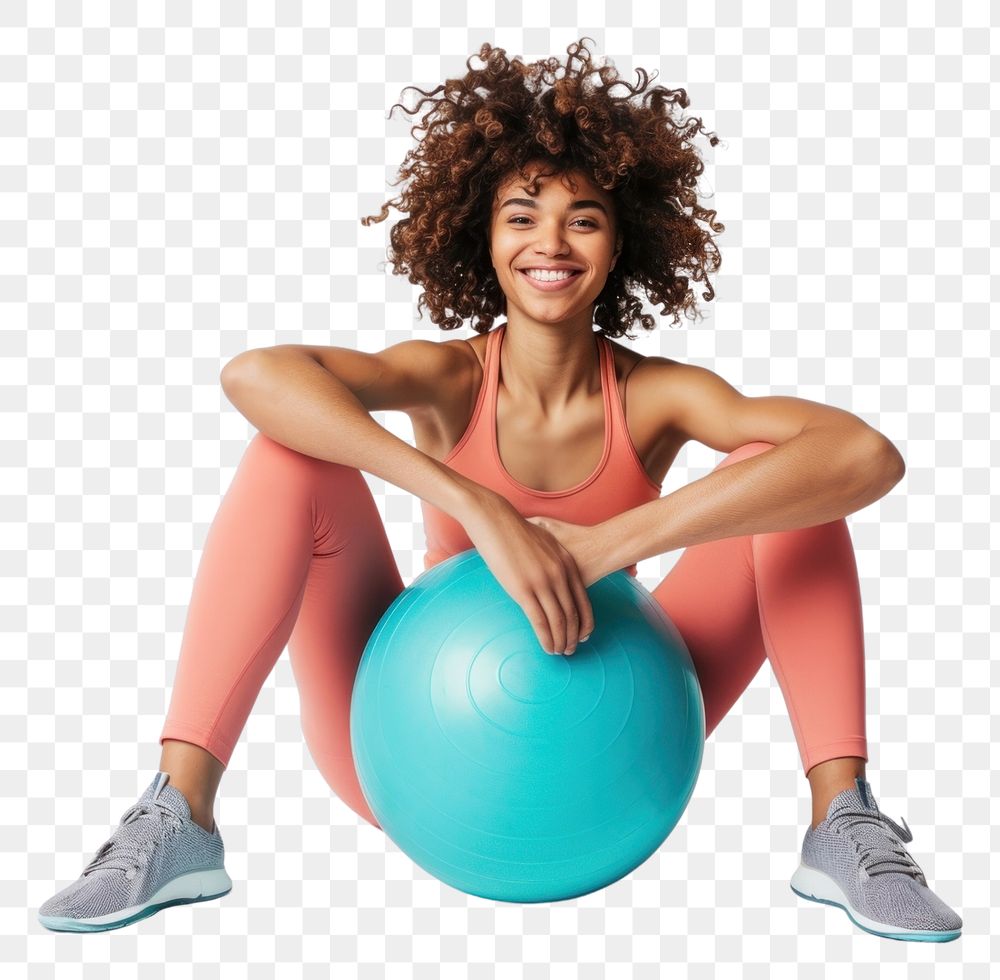 PNG A smiling woman exercise sitting sphere.