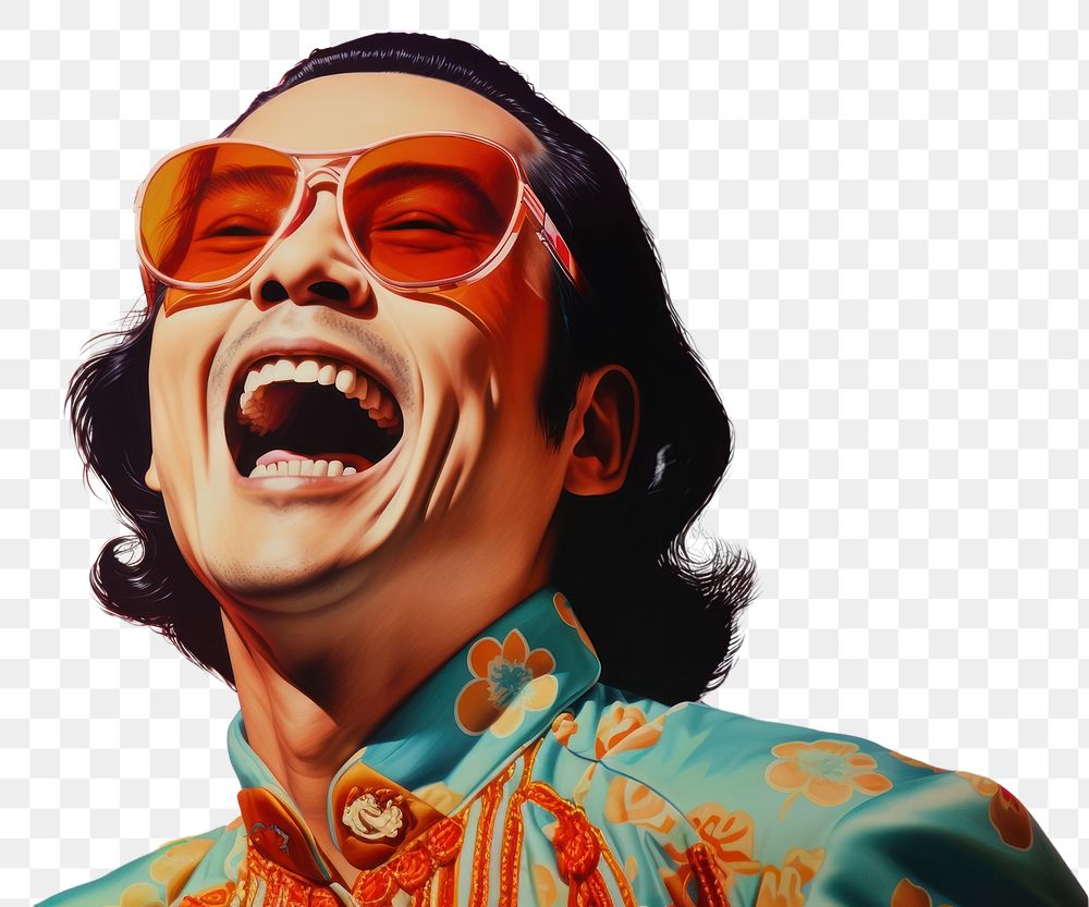 PNG  A Chinese man wearing traditional Chinese attire and sunglasses happily celebrating laughing adult art.