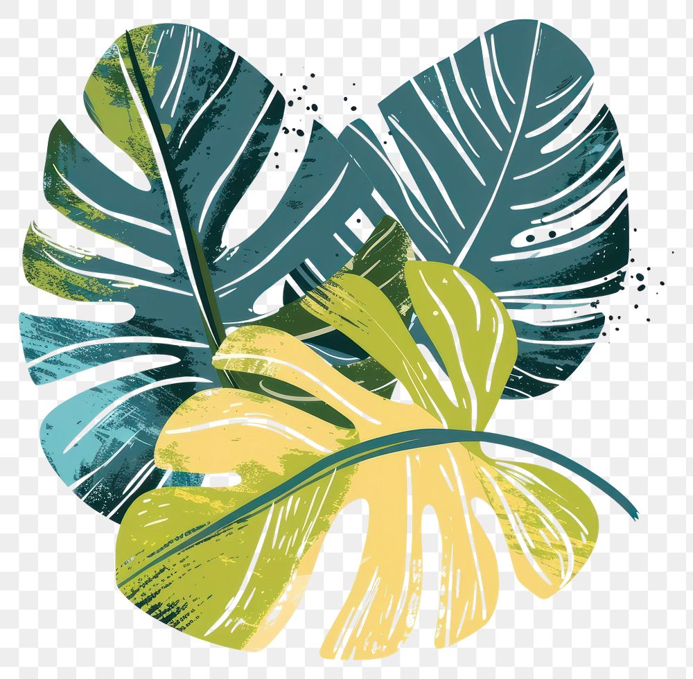 PNG Tropical leaves in the style of frayed chalk doodle plant leaf white background.