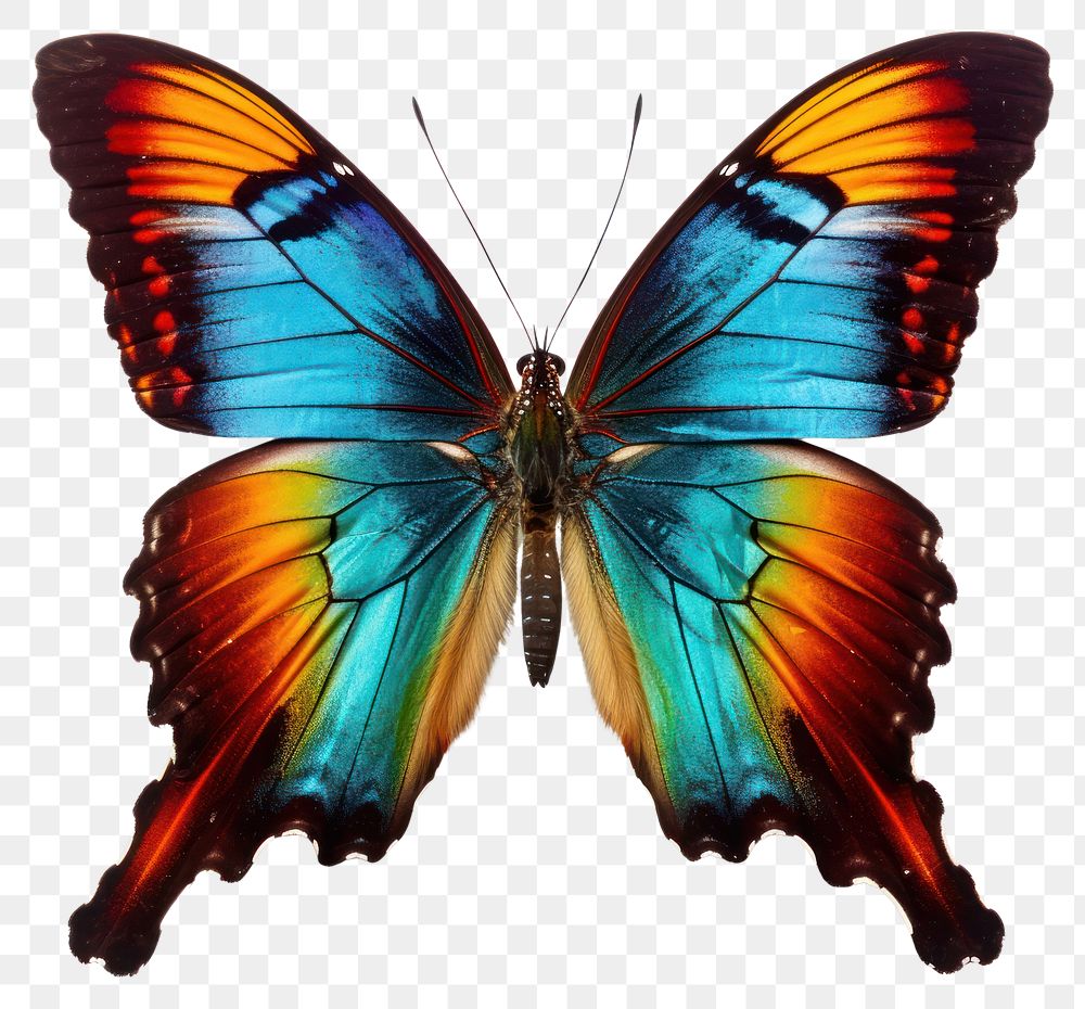 PNG Brightly colored butterfly animal insect white background.