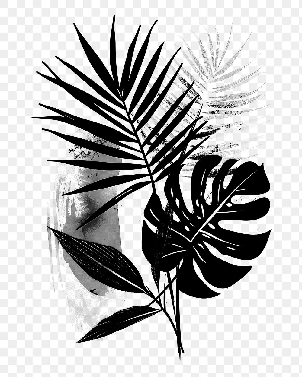 PNG Tropical leaves in style chinese ink brush stroke drawing sketch plant.