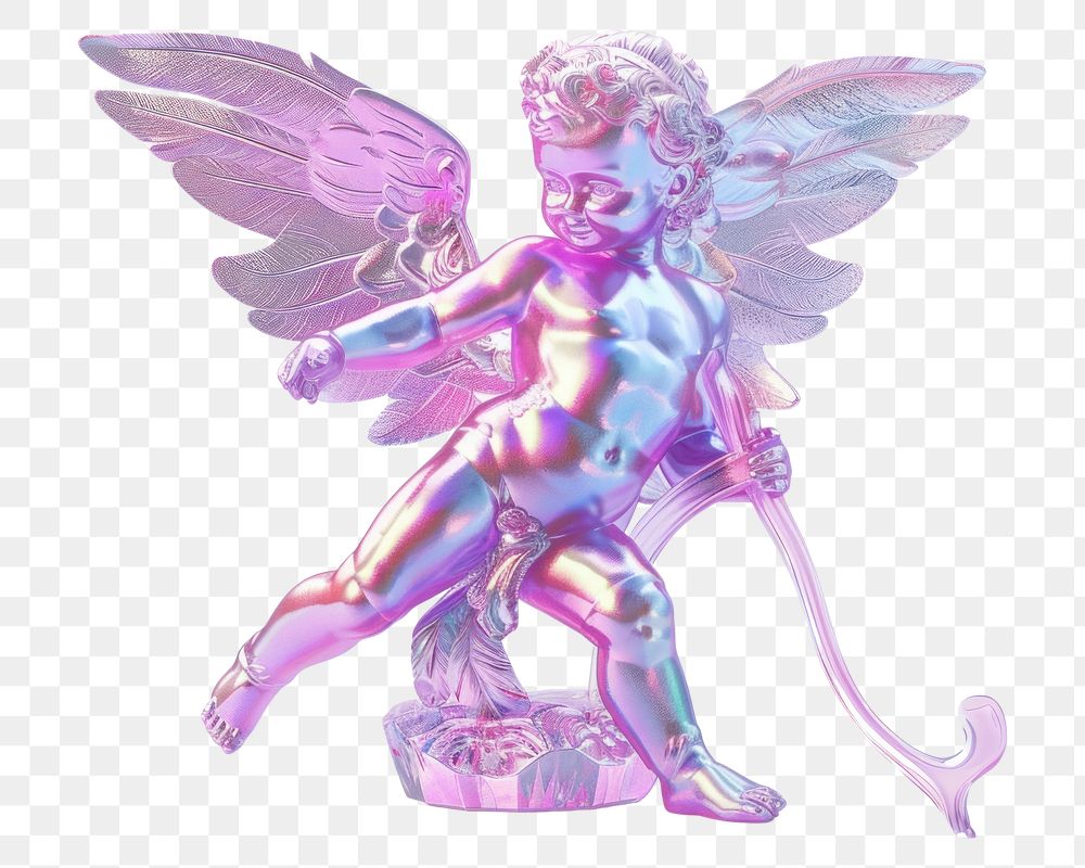 PNG 3d render of cupid holographic glass color figurine angel toy.