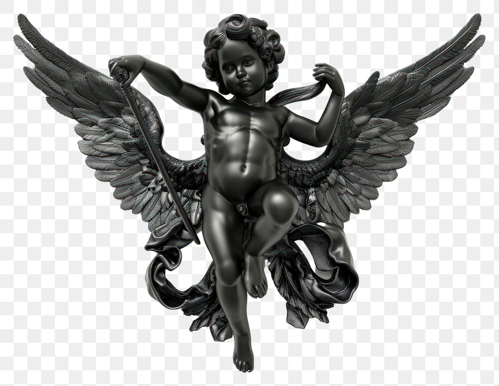 PNG 3d render of cupid matte black material angel white background representation.