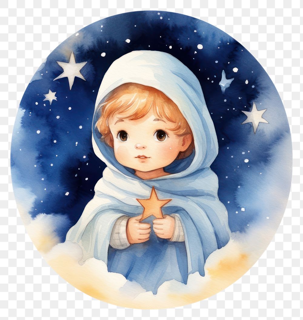 PNG Jesus Nativity Watercolor style portrait cute baby.