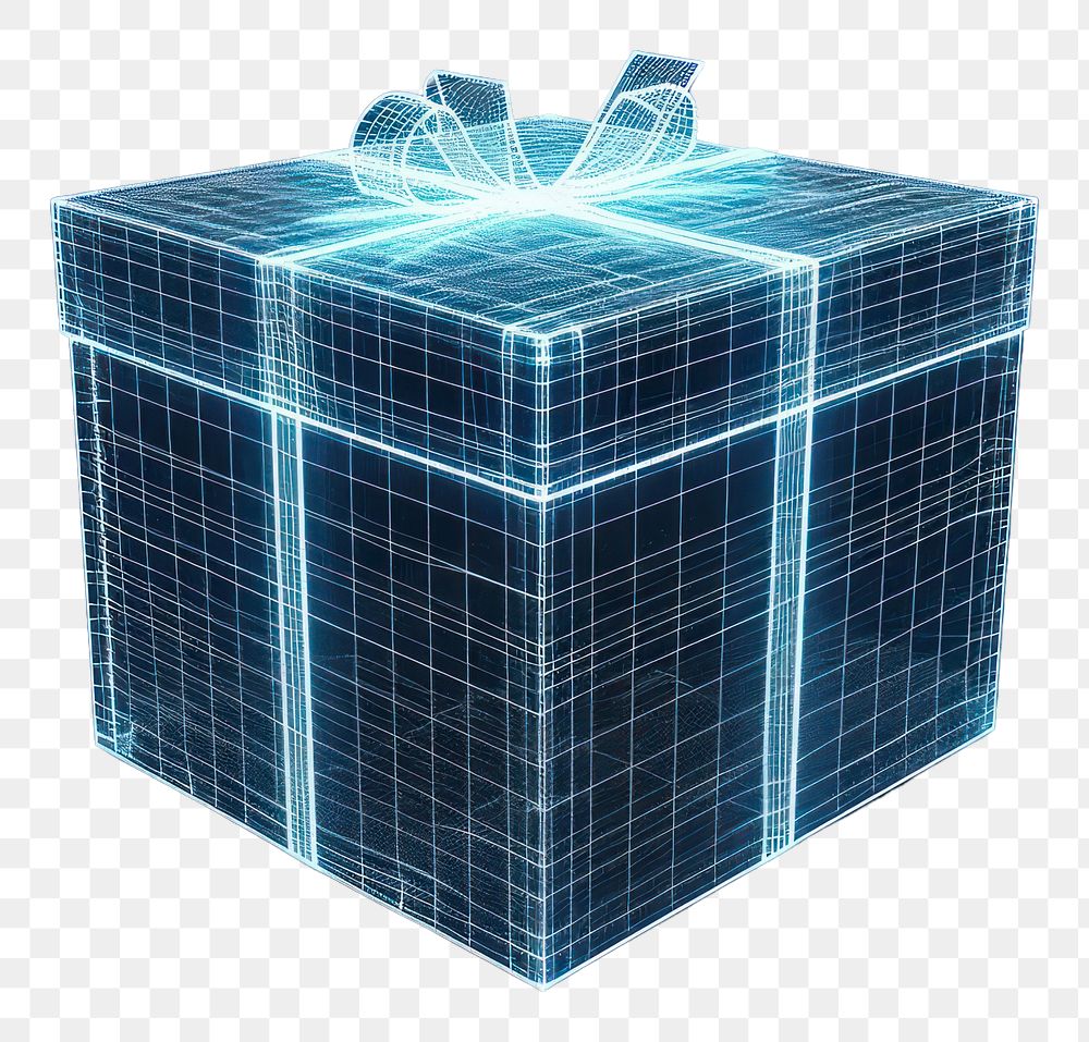 PNG  Glowing wireframe of cute gift box futuristic black background illuminated.