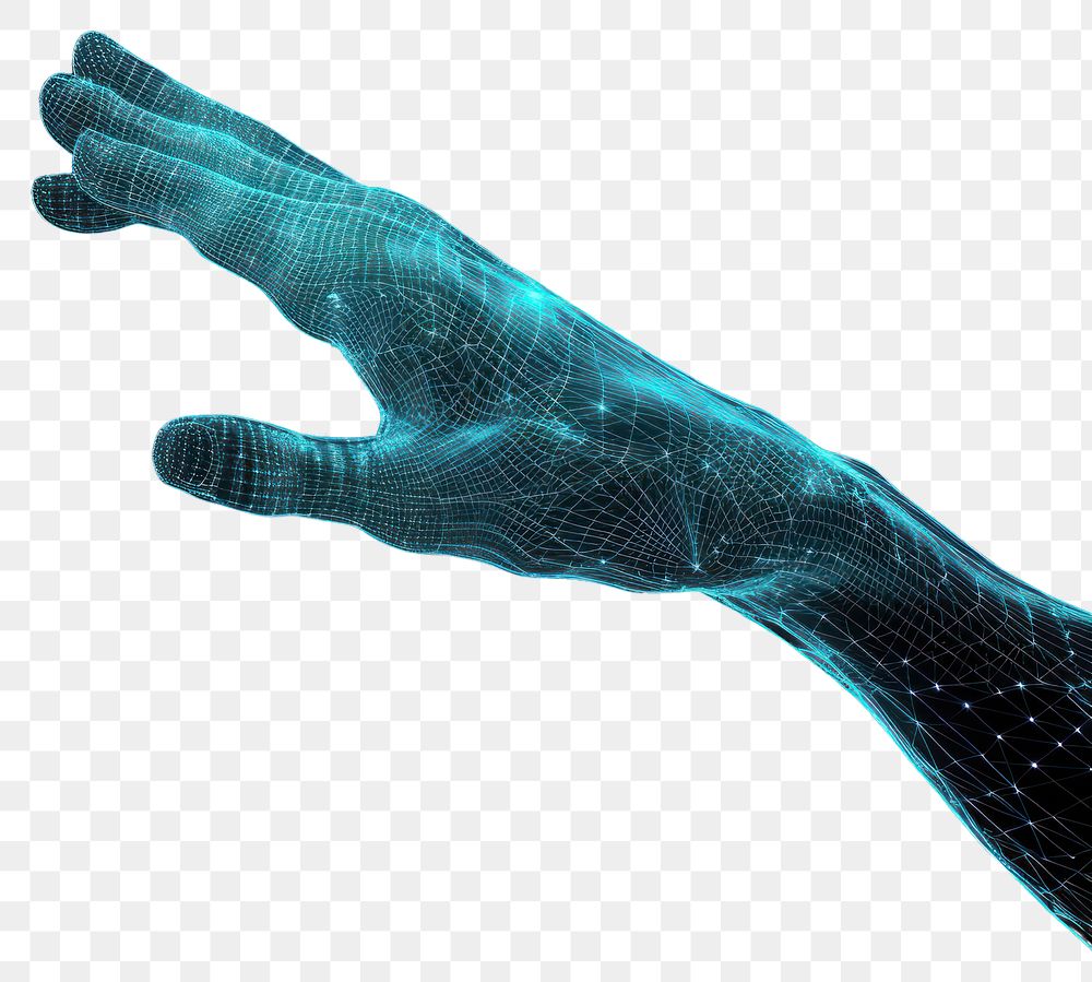 PNG  Glowing wireframe of hand futuristic blue black background.