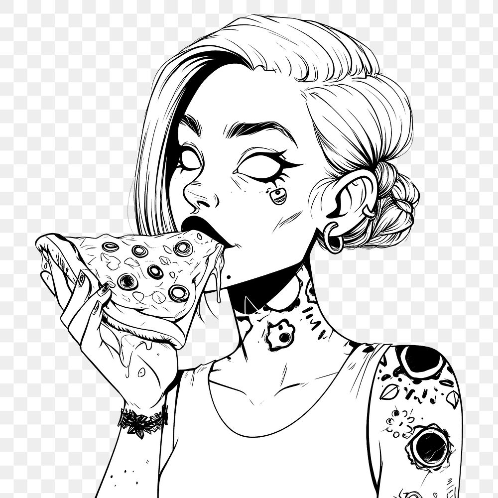 PNG Woman eating pizza sketch cartoon drawing.
