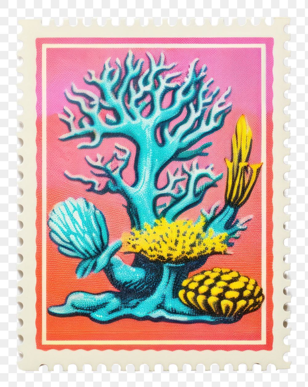 PNG  Coral Risograph style representation postage stamp creativity.