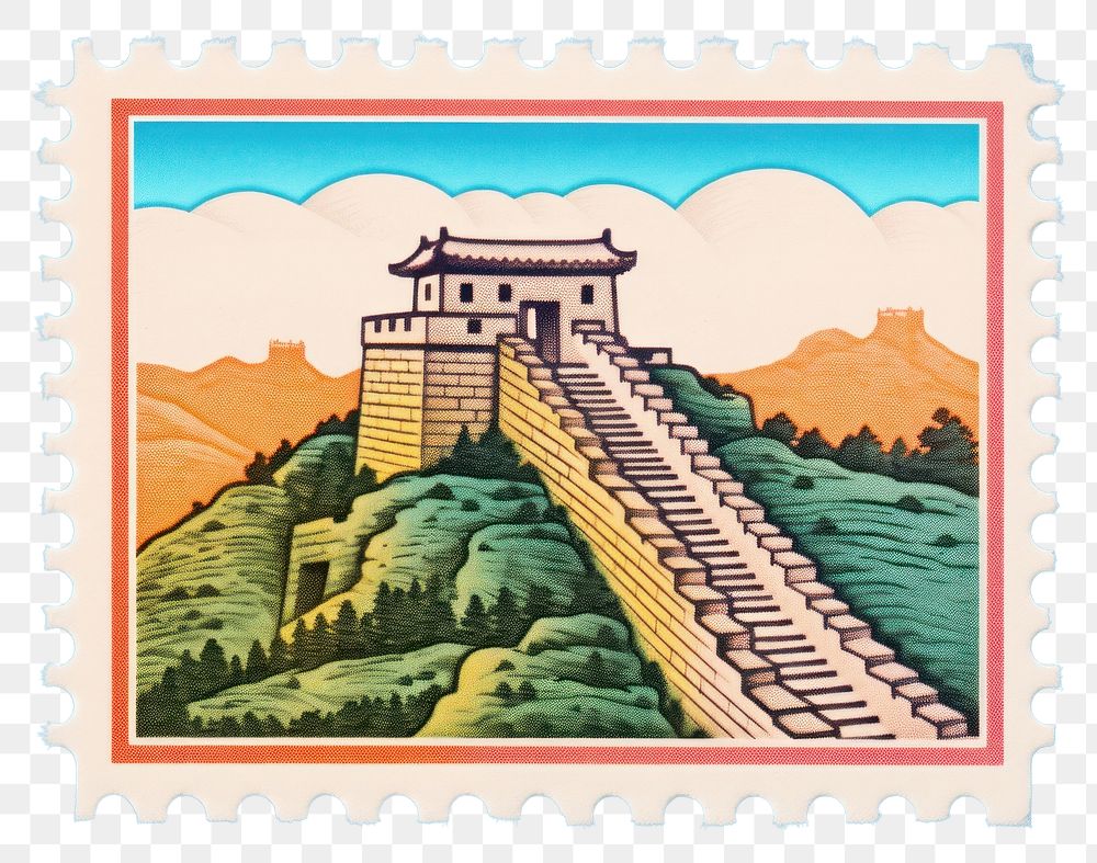 PNG  Great wall china Risograph postage stamp architecture creativity.