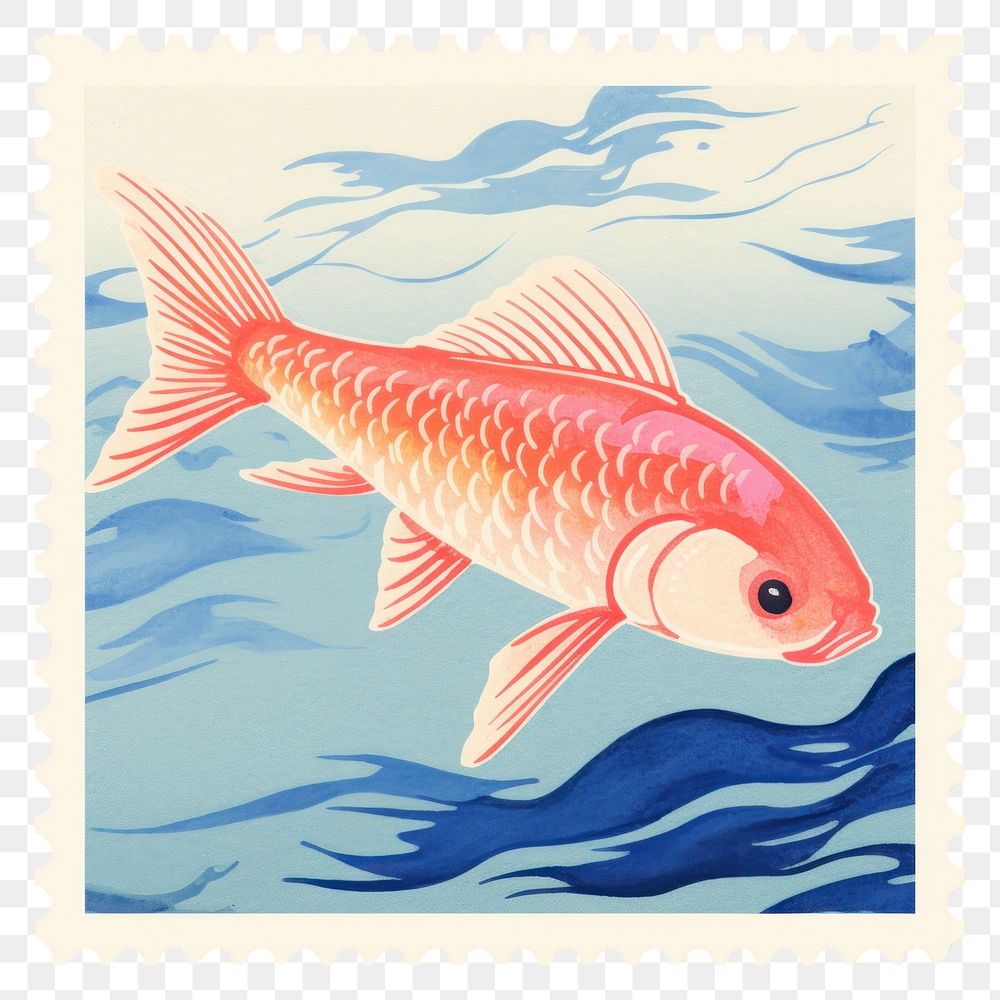 PNG  Koi fish Risograph style animal postage stamp underwater.