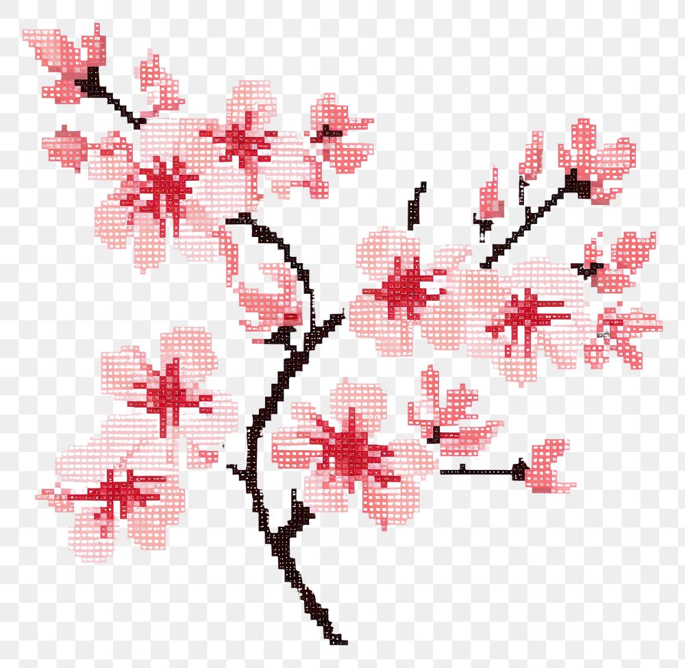 PNG  Cross stitch cherry blossom embroidery needlework flower.