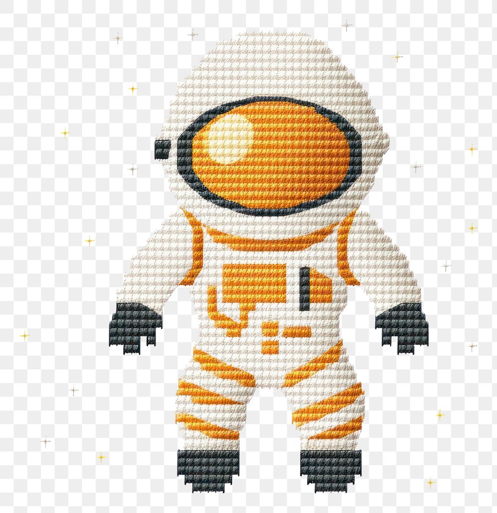 PNG  Cross stitch astronaut toy white background representation.