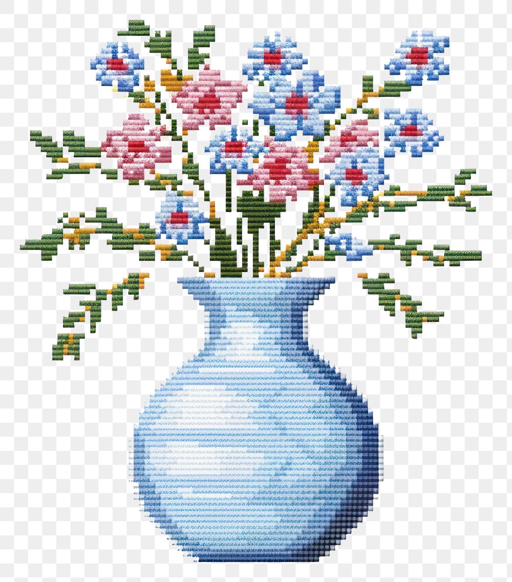 PNG  Cross stitch flower vase embroidery pattern plant.