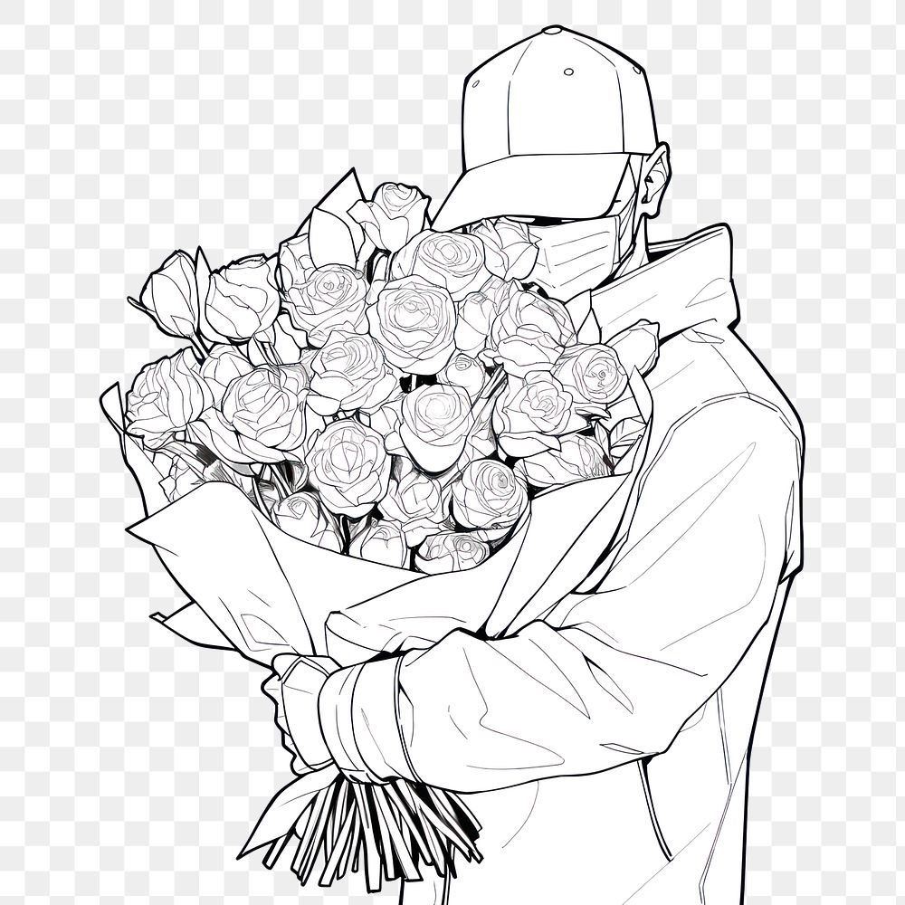 PNG Man holding bouquet sketch cartoon drawing.