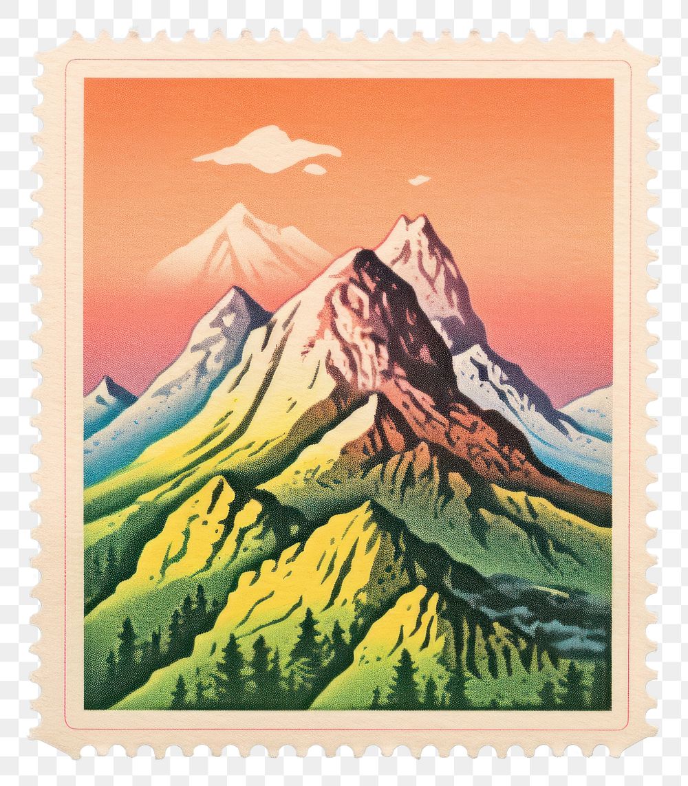 PNG  Mountain Risograph style nature postage stamp wilderness.