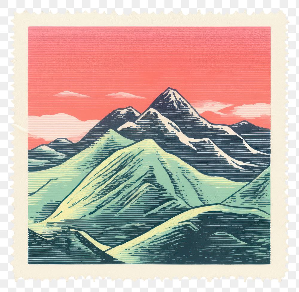 PNG  Mountain Risograph style postage stamp tranquility creativity.