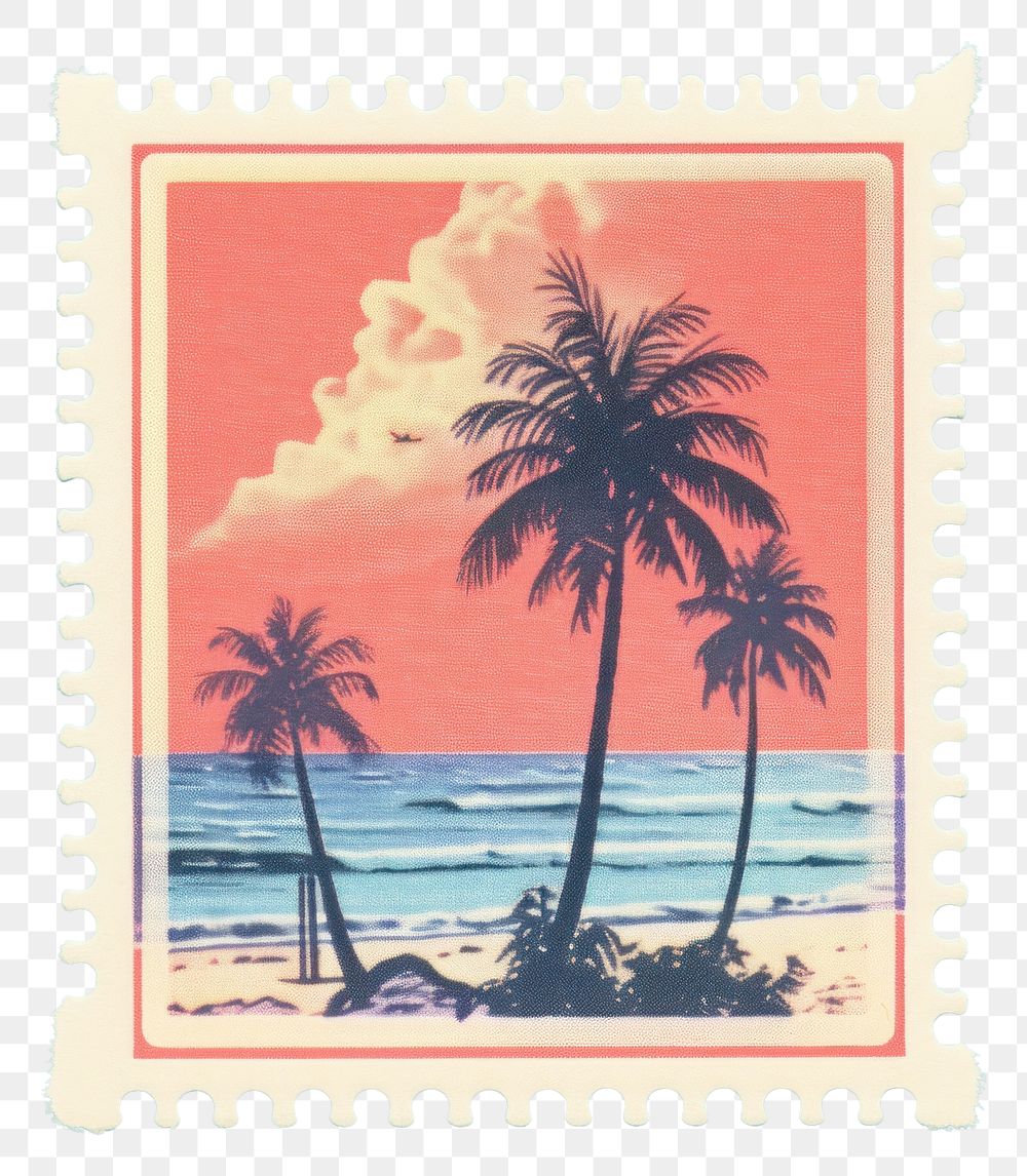 PNG  Beach Risograph style plant postage stamp arecaceae.