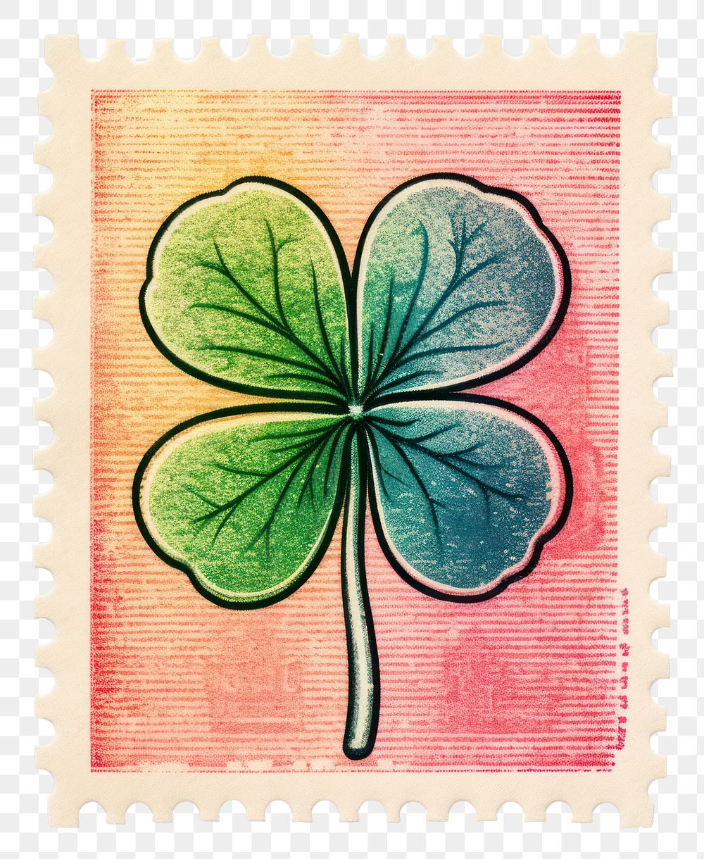 PNG  Clover leaf Risograph style postage stamp creativity pattern.