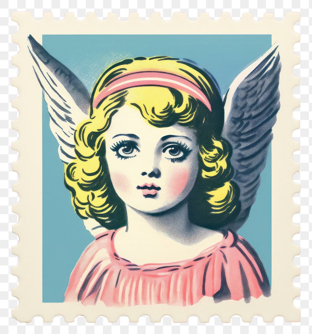 PNG  Angel Risograph style angel representation postage stamp.