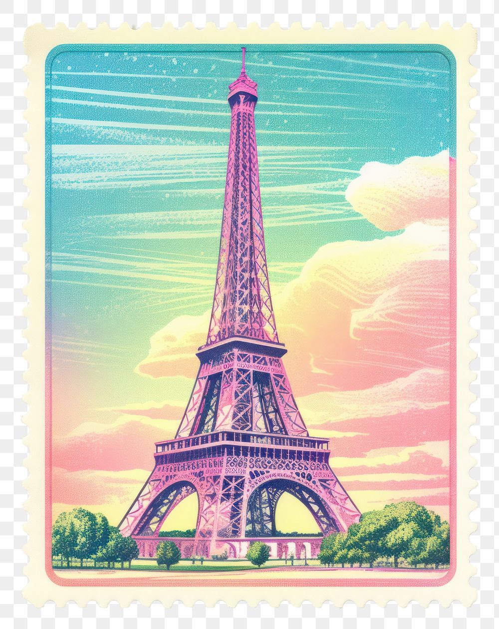 PNG  Eiffel tower Risograph style architecture postage stamp technology.