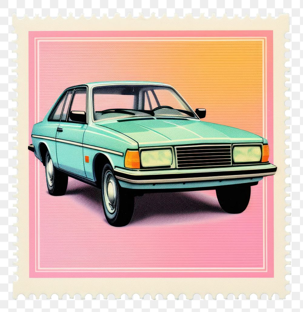 PNG  Car Risograph style vehicle transportation postage stamp.