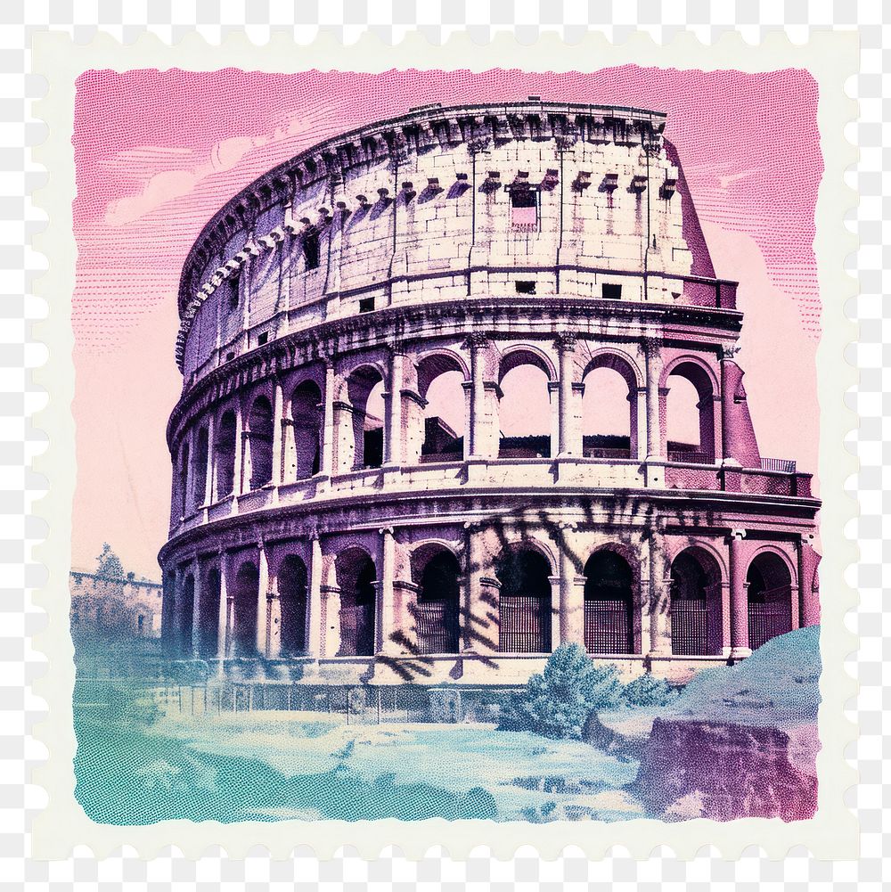 PNG  Colosseum Risograph style architecture postage stamp amphitheater.