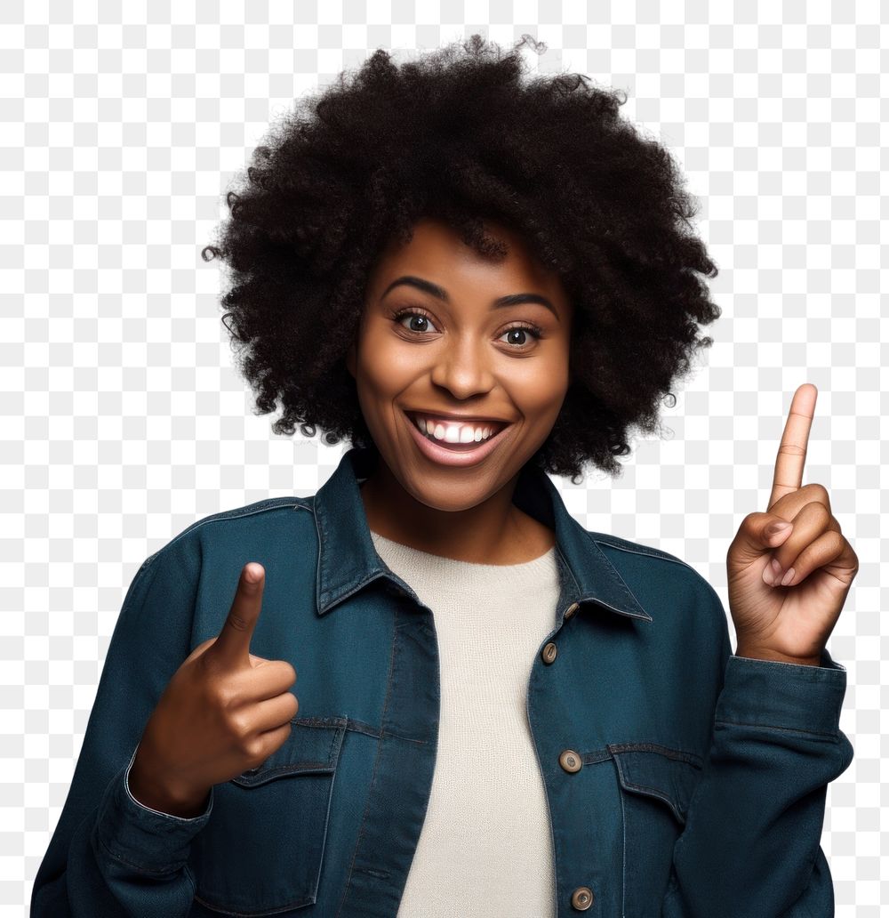 PNG African American woman portrait pointing finger
