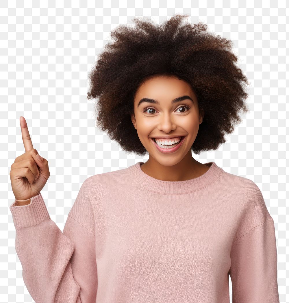 PNG African American woman pointing portrait smile.
