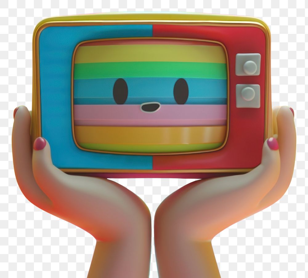 PNG Close up chubby hands holding a small retro TV character cartoon screen electronics.