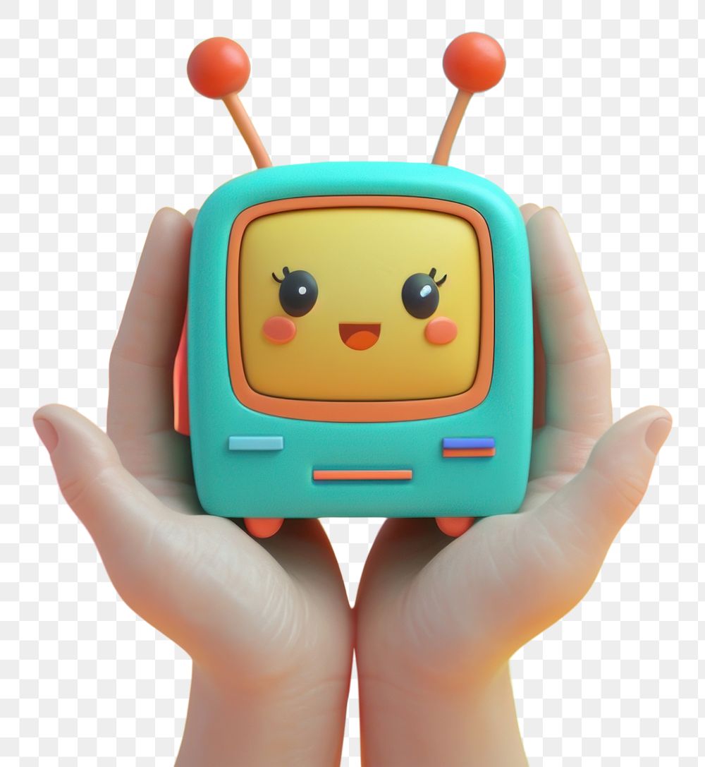 PNG Close up chubby hands holding a small retro TV character cartoon screen representation.