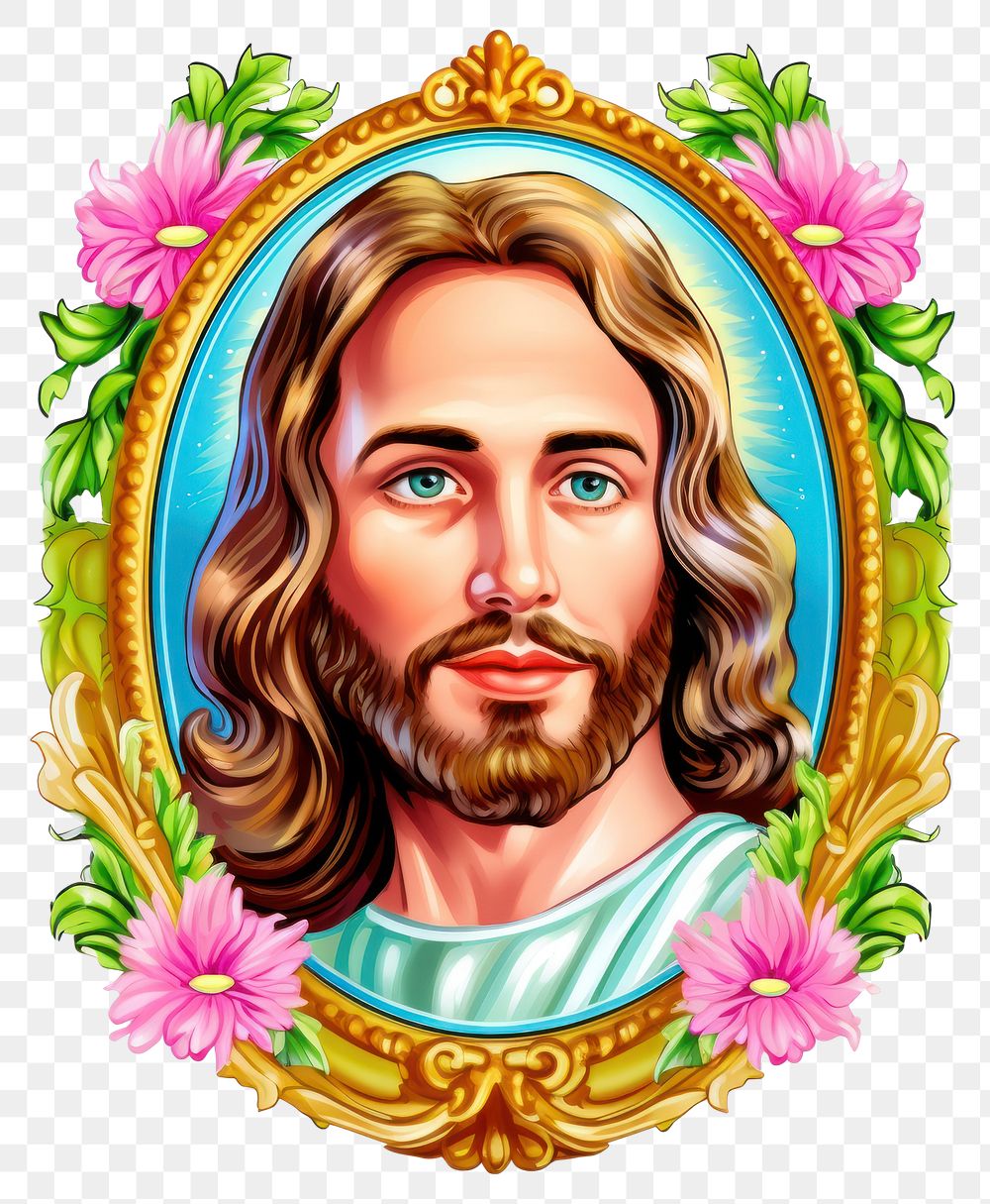 PNG  Jesus printable sticker painting portrait representation.