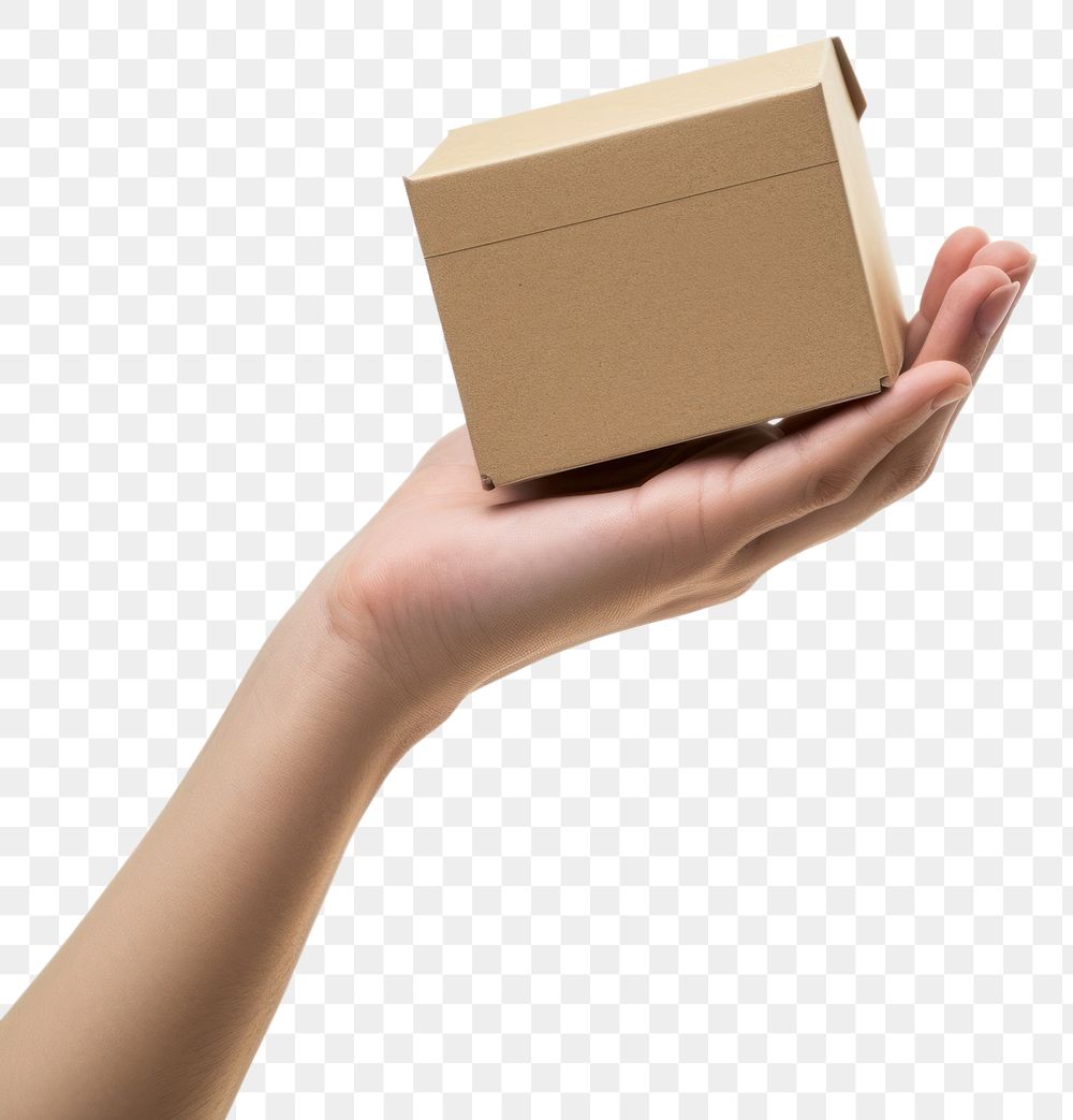 PNG Hand hold beige card box cardboard carton white background.
