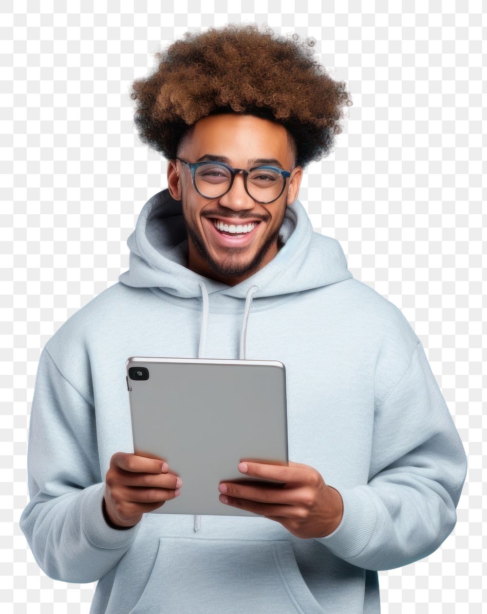 PNG Black man wear glasses and grey hoodie hold clipboard smile computer portrait