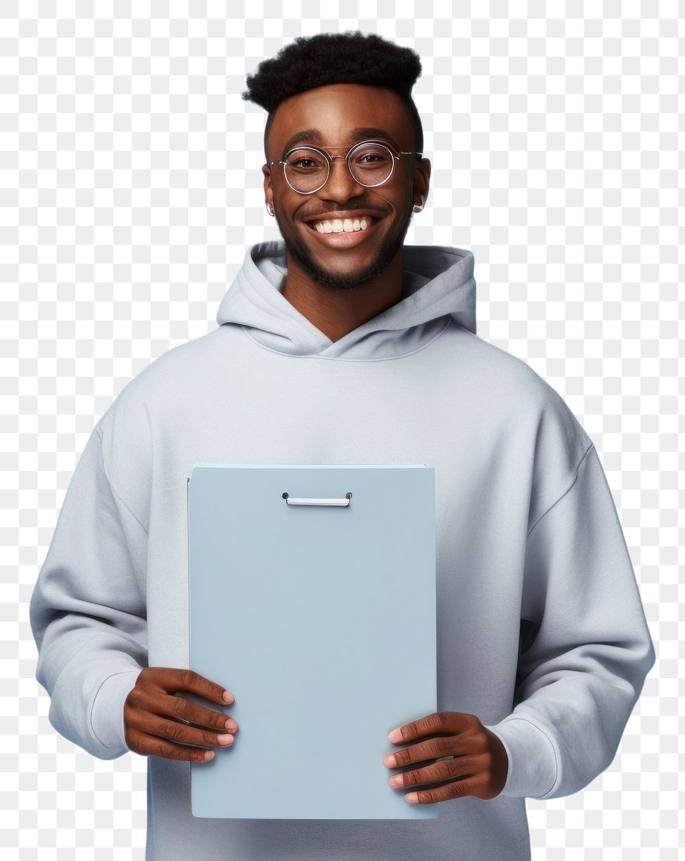 PNG Black man wear glasses and grey hoodie hold dark blue clipboard smile sweatshirt portrait.