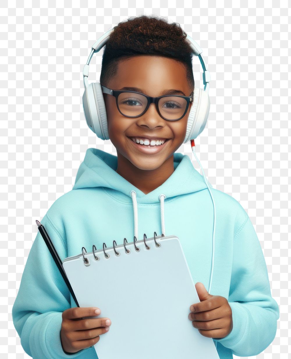 PNG Black man wear glasses and hoodie hold clipboard smile headphones adult.