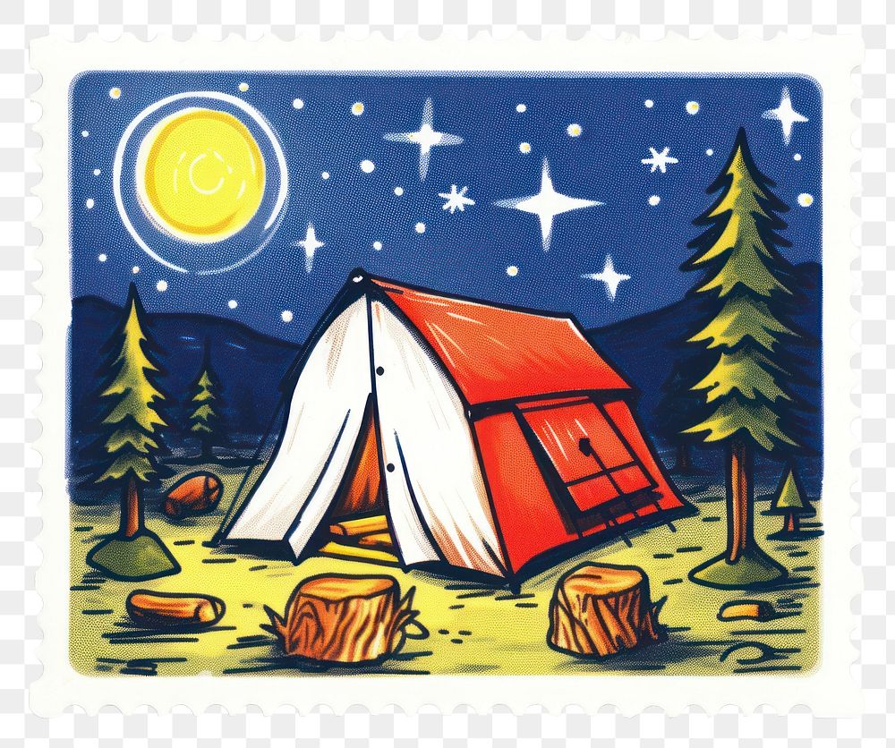 PNG Night camping tent postage stamp outdoors.