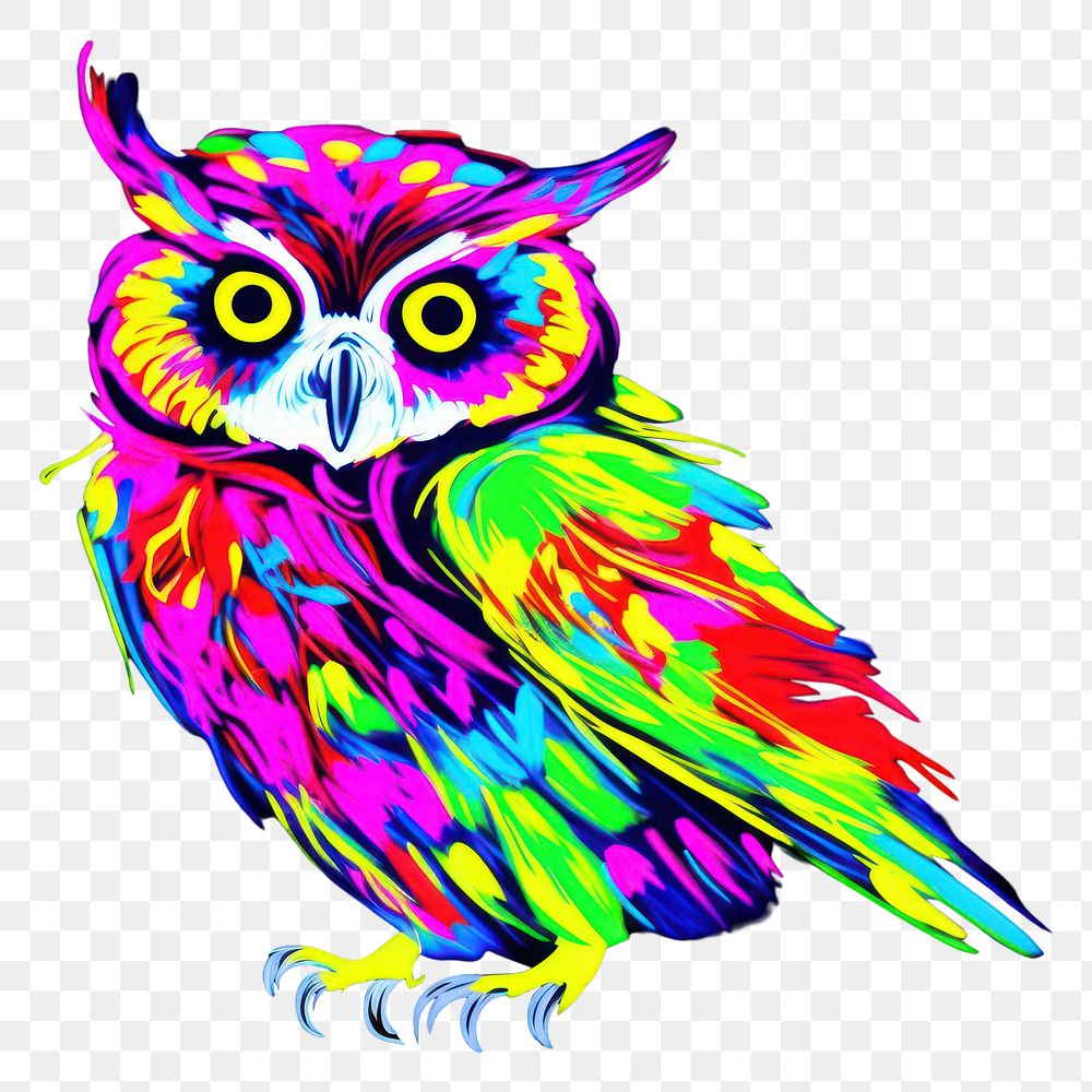 PNG  Black light oil painting owl purple yellow animal.