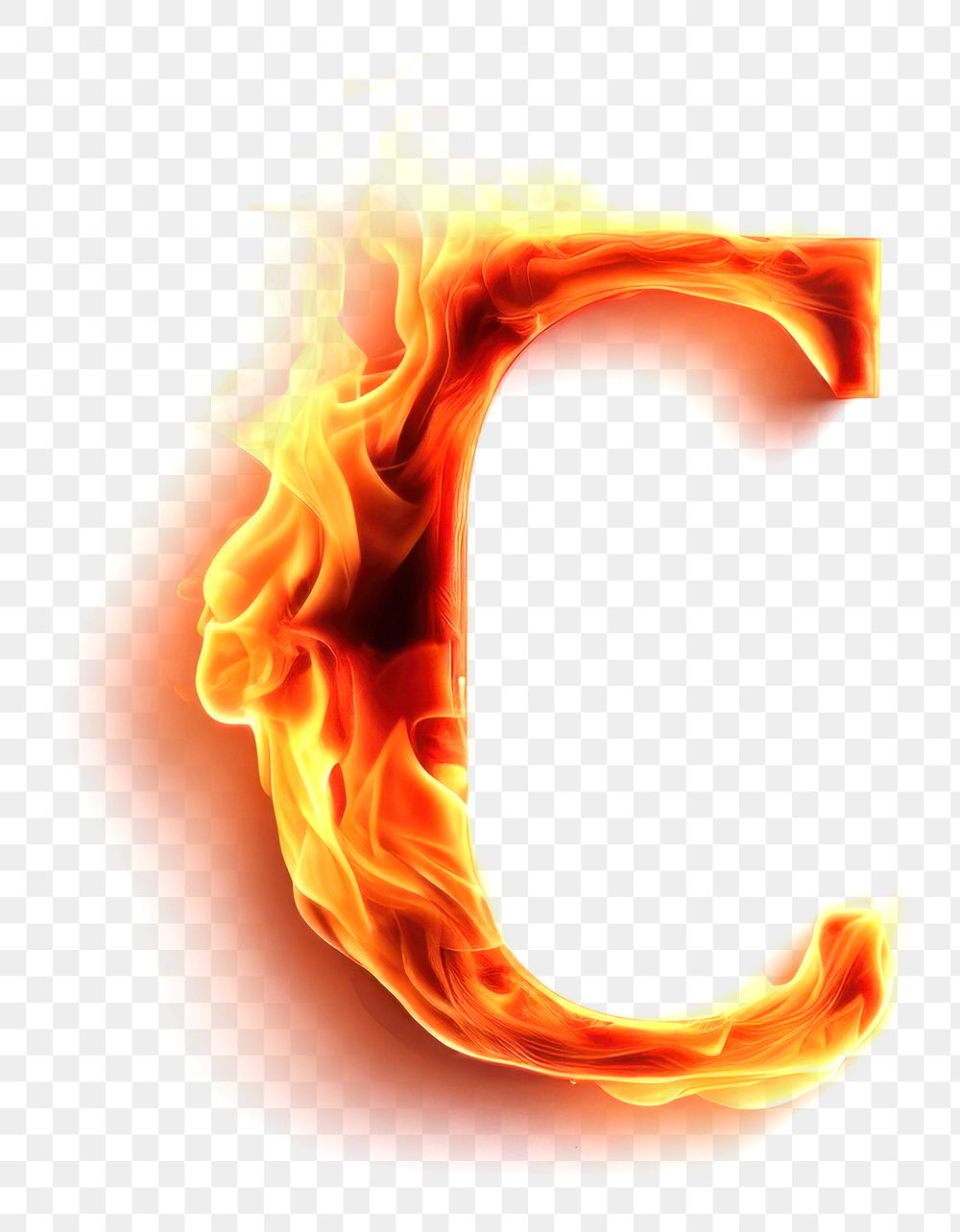 Burning letter C fire glowing burning.
