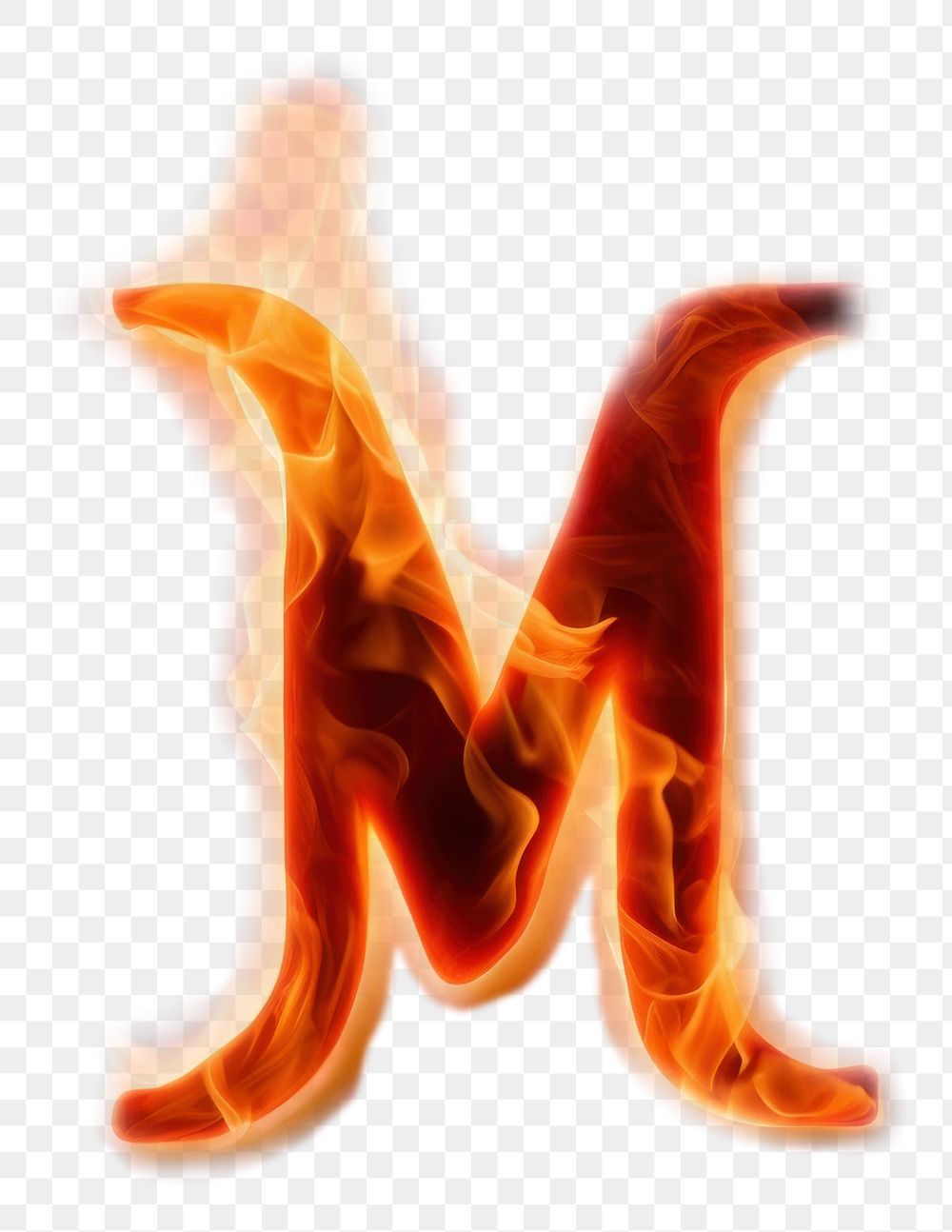 Burning letter M fire glowing burning.