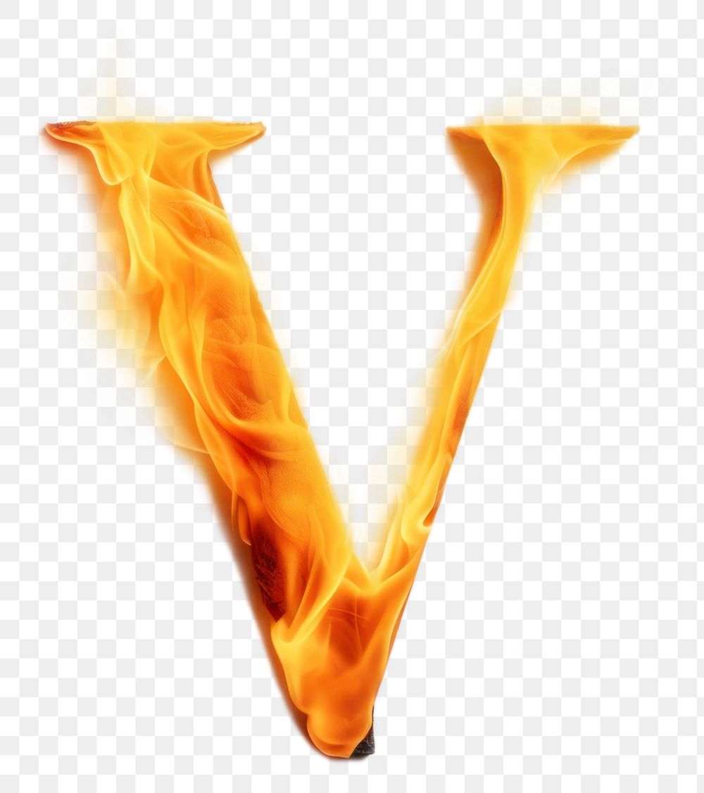 Burning letter V fire glowing burning.