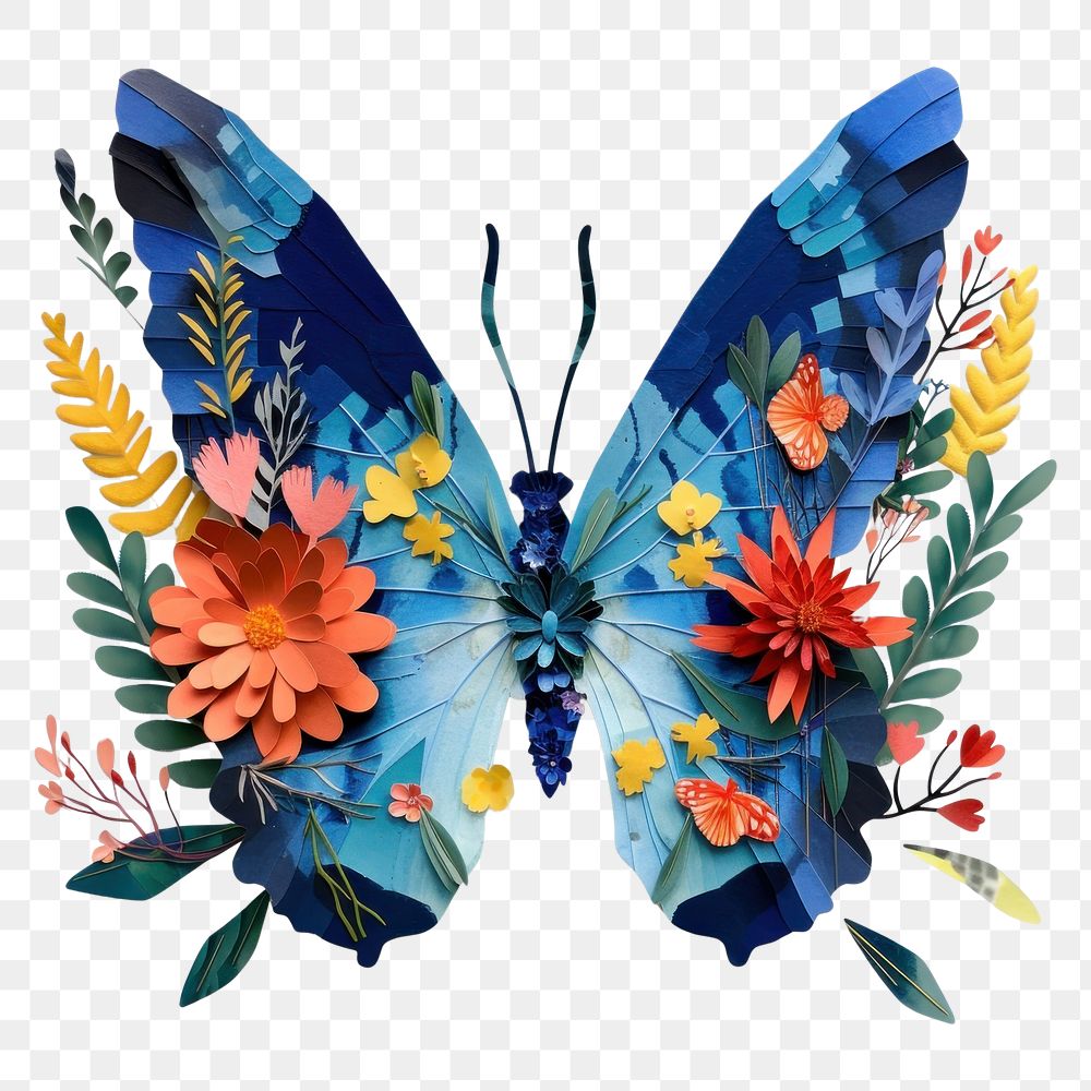 PNG Cut paper collage with butterfly art insect plant.