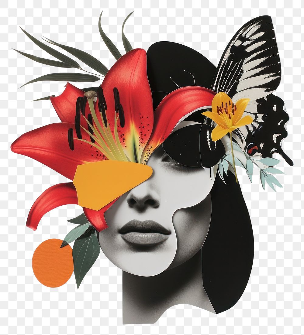 PNG Cut paper collage with female flower art butterfly.
