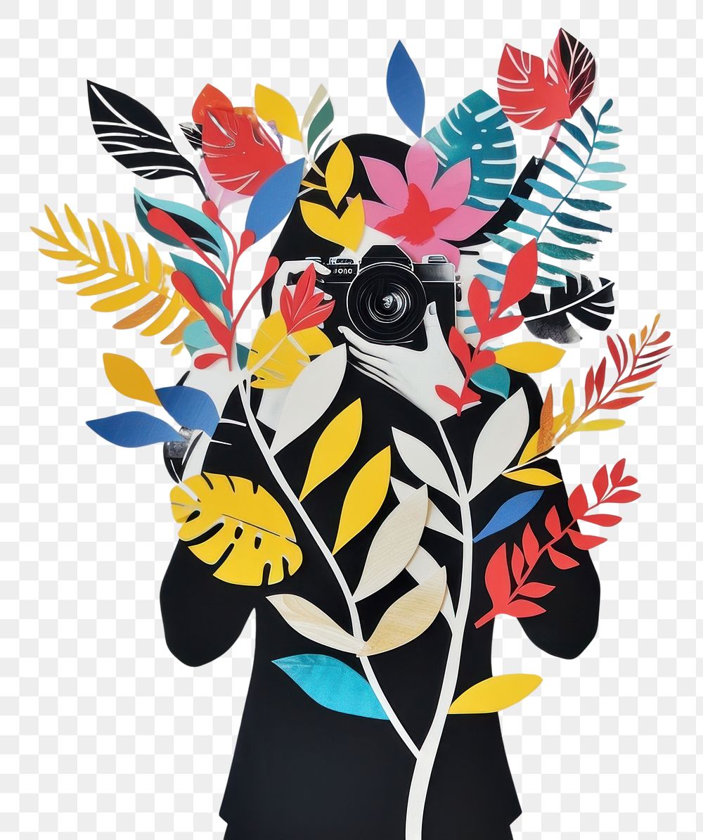 PNG Cut paper collage with a person art pattern camera.